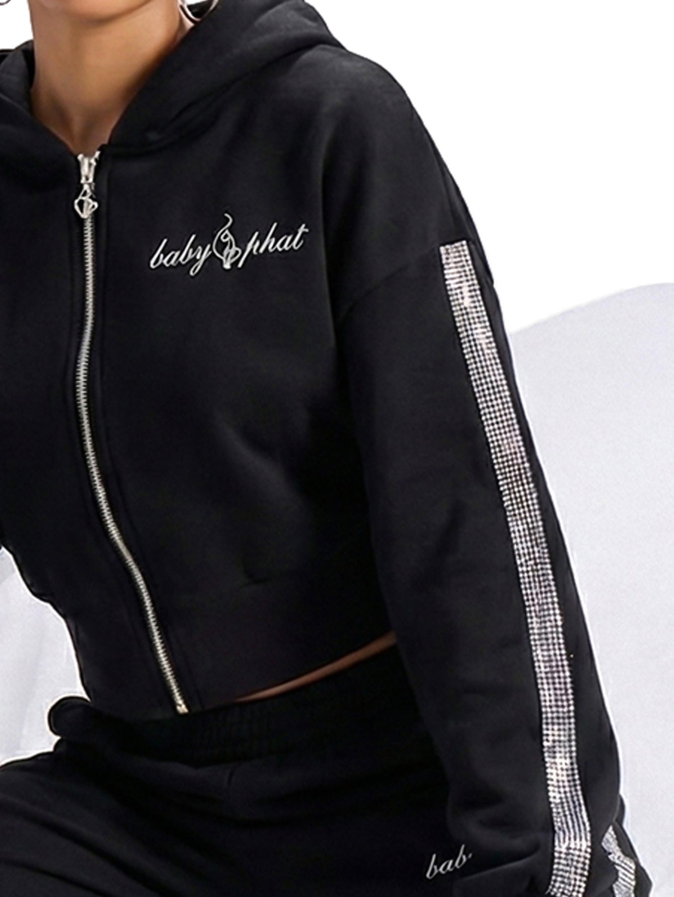 Cropped Hoodie With Rhinestone Trim