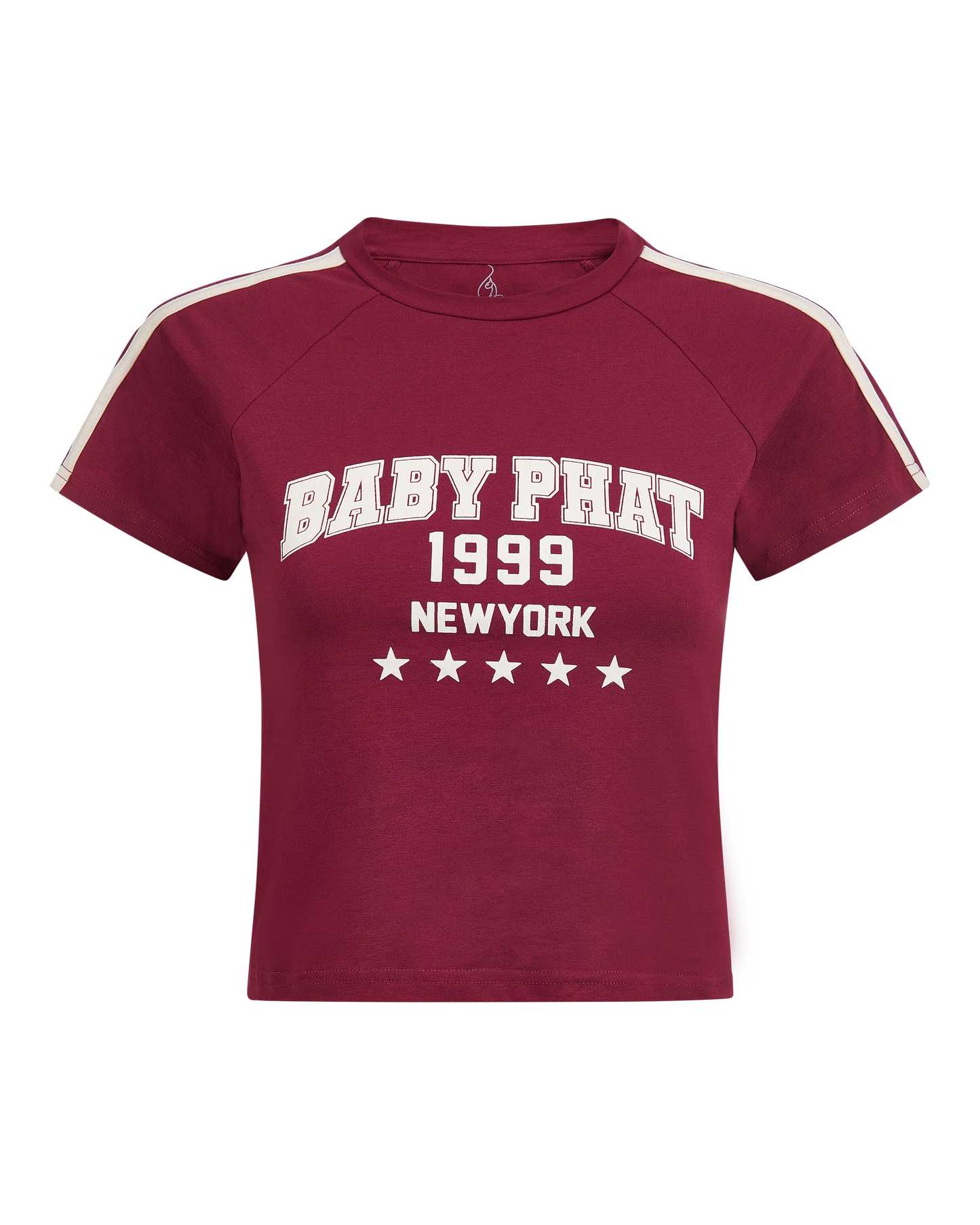 Baby Phat heritage t-shirt in burgundy features graphic cream logo with year 1999, New York, and stars. Sleeve features cream stripes.