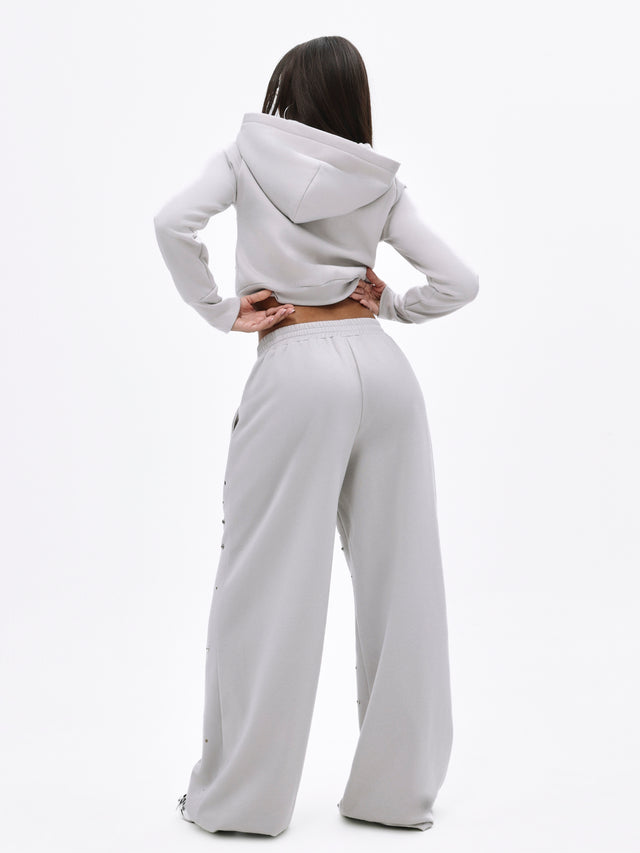 Embellished Studded Sweatpants, light gray wide-leg fit, back view