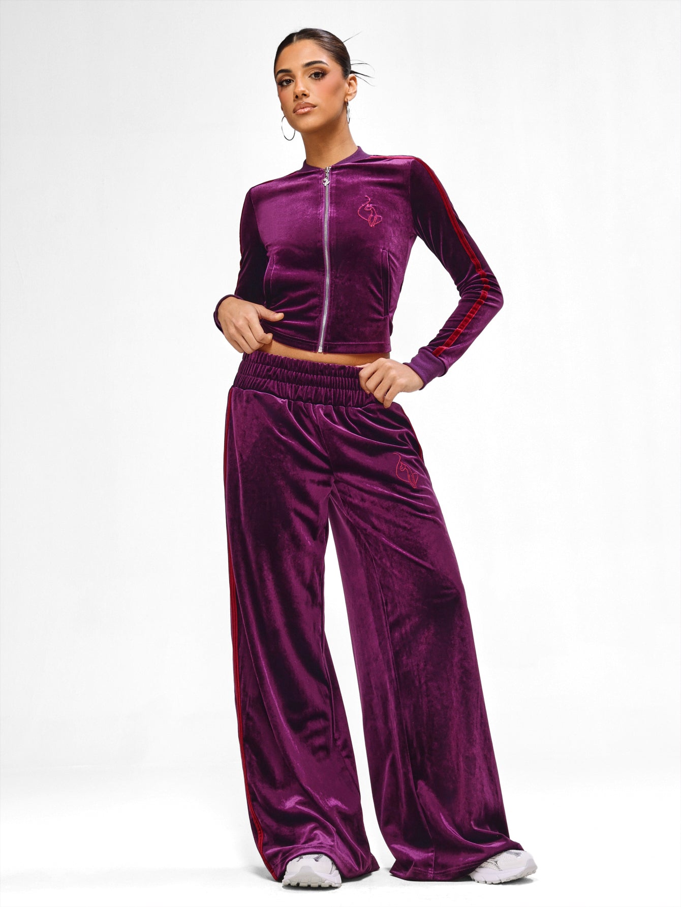 Velour Wide Leg Track Pants, plum velour with contrast side stripes, front full-body view