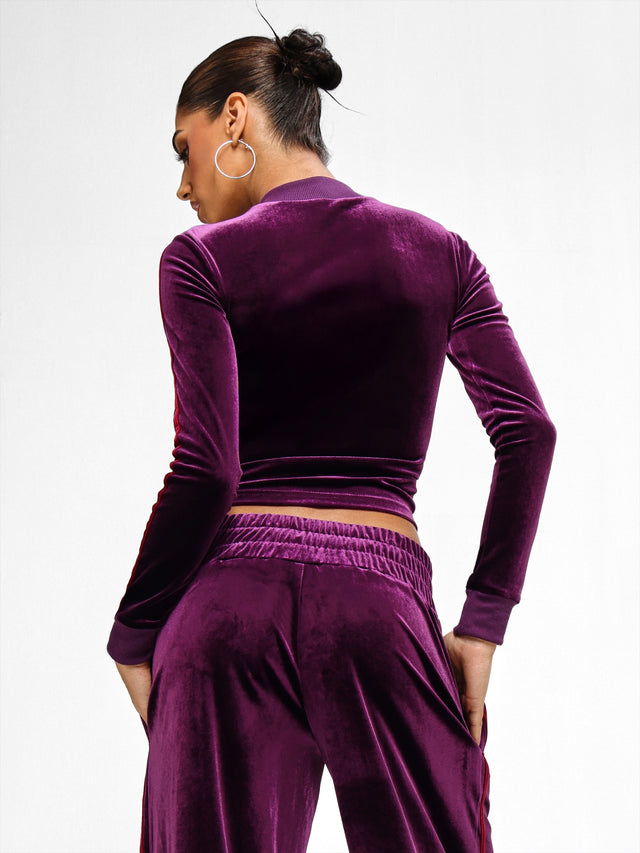 Velour Track Jacket, plum velour with contrast stripe sleeves, back view
