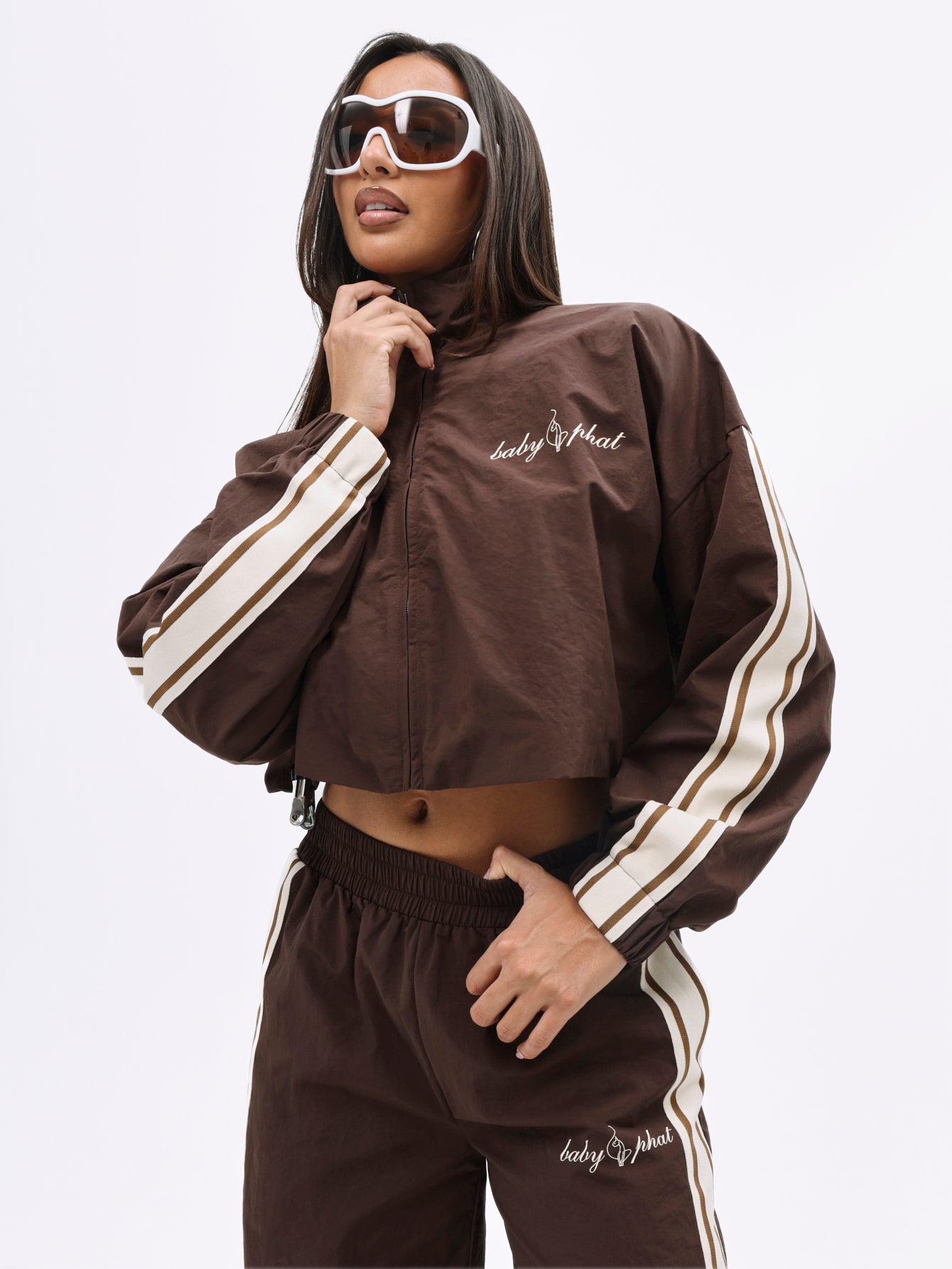 Nylon Zip Up With Stripe Contrast, brown with cream sleeve stripes, front view