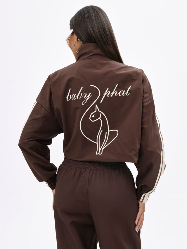 Nylon Zip Up With Stripe Contrast, oversized back logo and cat graphic, back view