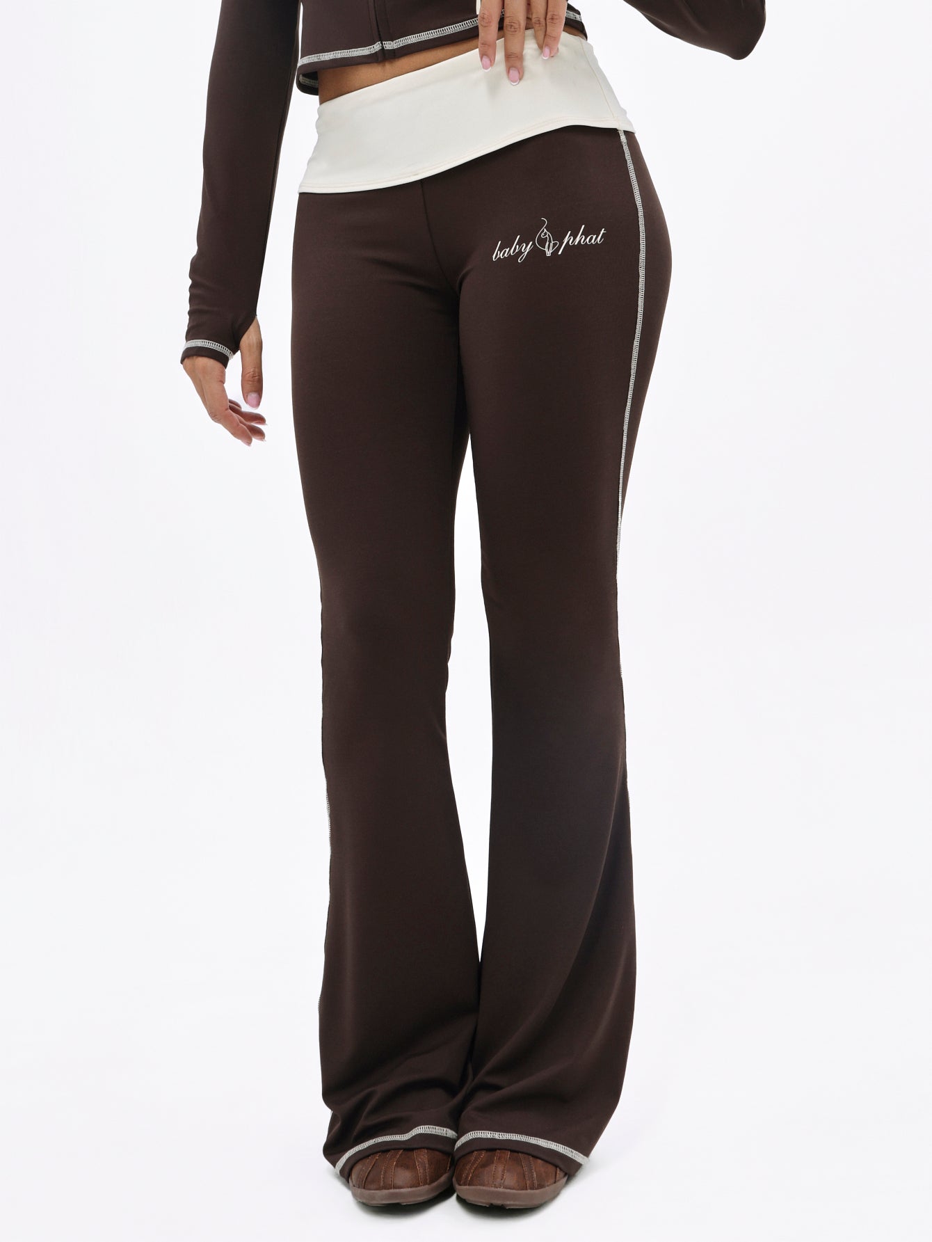 Foldover Flare Legging with Contrast Stitching, brown flare leg with contrast stitching, front view