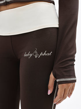 Foldover Flare Legging with Contrast Stitching, baby phat script logo on brown leg panel, logo detail