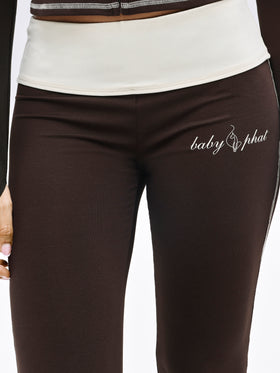 Foldover Flare Legging with Contrast Stitching, contrast stitch lines on brown flare leg, close-up detail