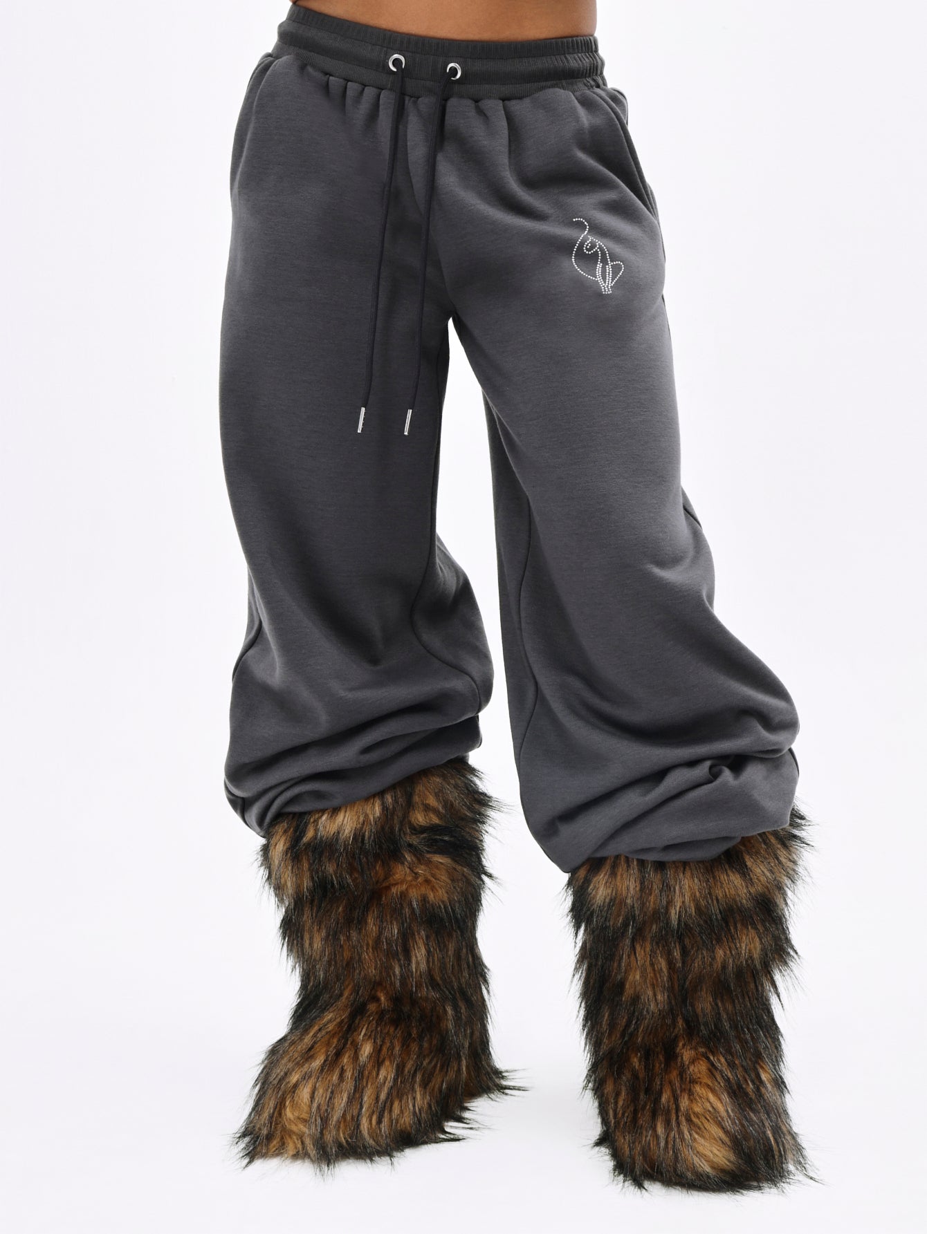 Baggy Sweatpant with Rhinestones, charcoal fleece with rhinestone logo detail, front view