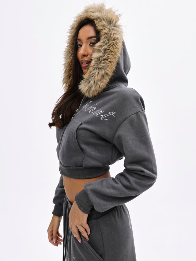 Fur Trim Zip Up Hoodie