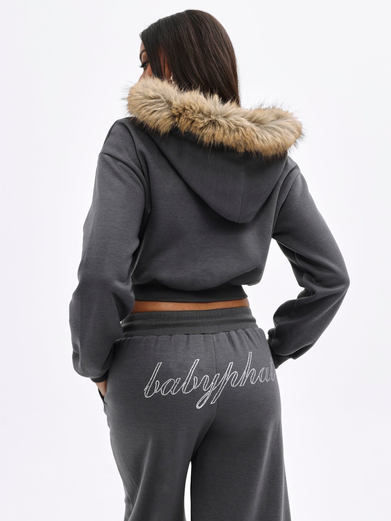 Fur Trim Zip-Up Hoodie in Charcoal | Baby Phat | Baby Phat