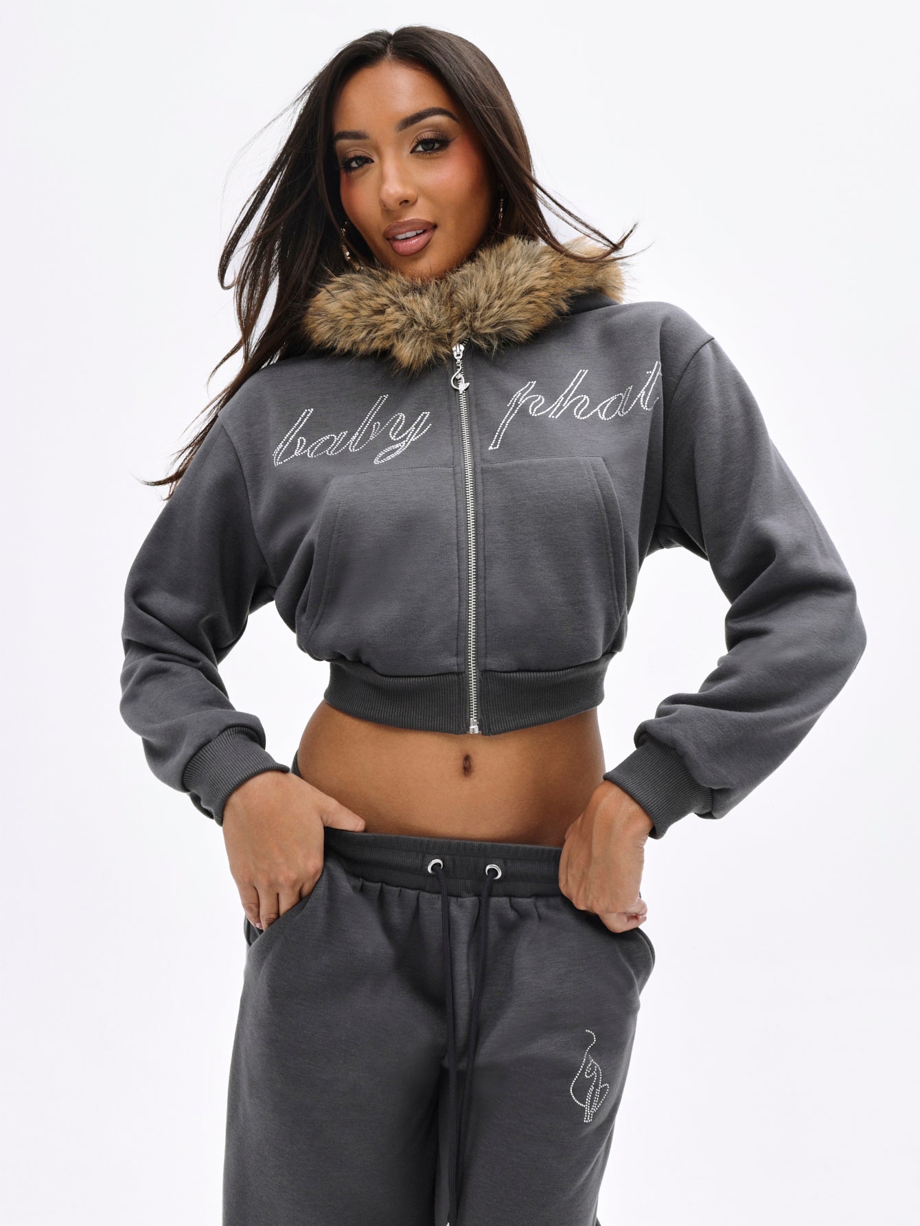 Fur Trim Zip-Up Hoodie in Charcoal | Baby Phat | Baby Phat
