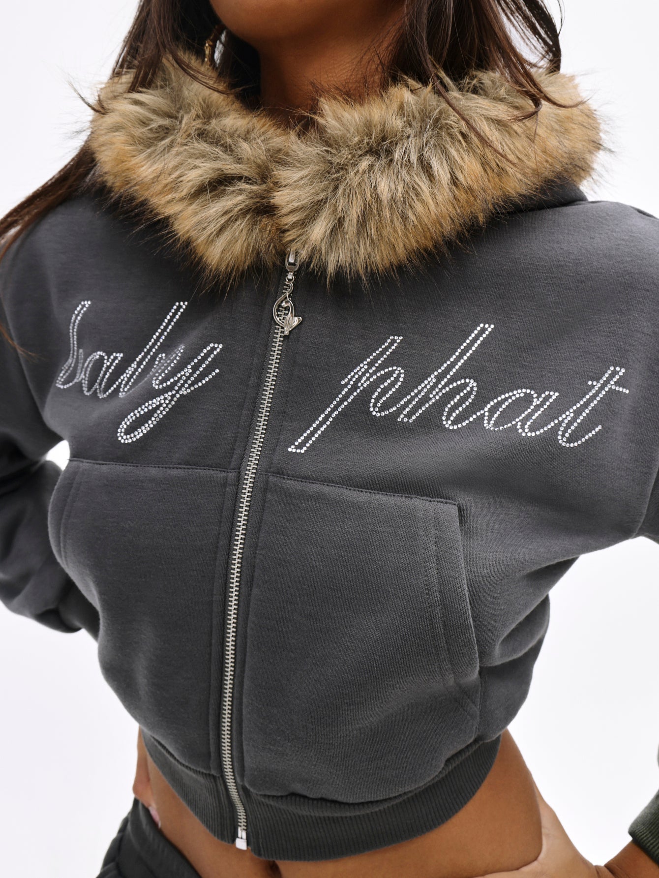 Fur Trim Zip-Up Hoodie in Charcoal | Baby Phat | Baby Phat