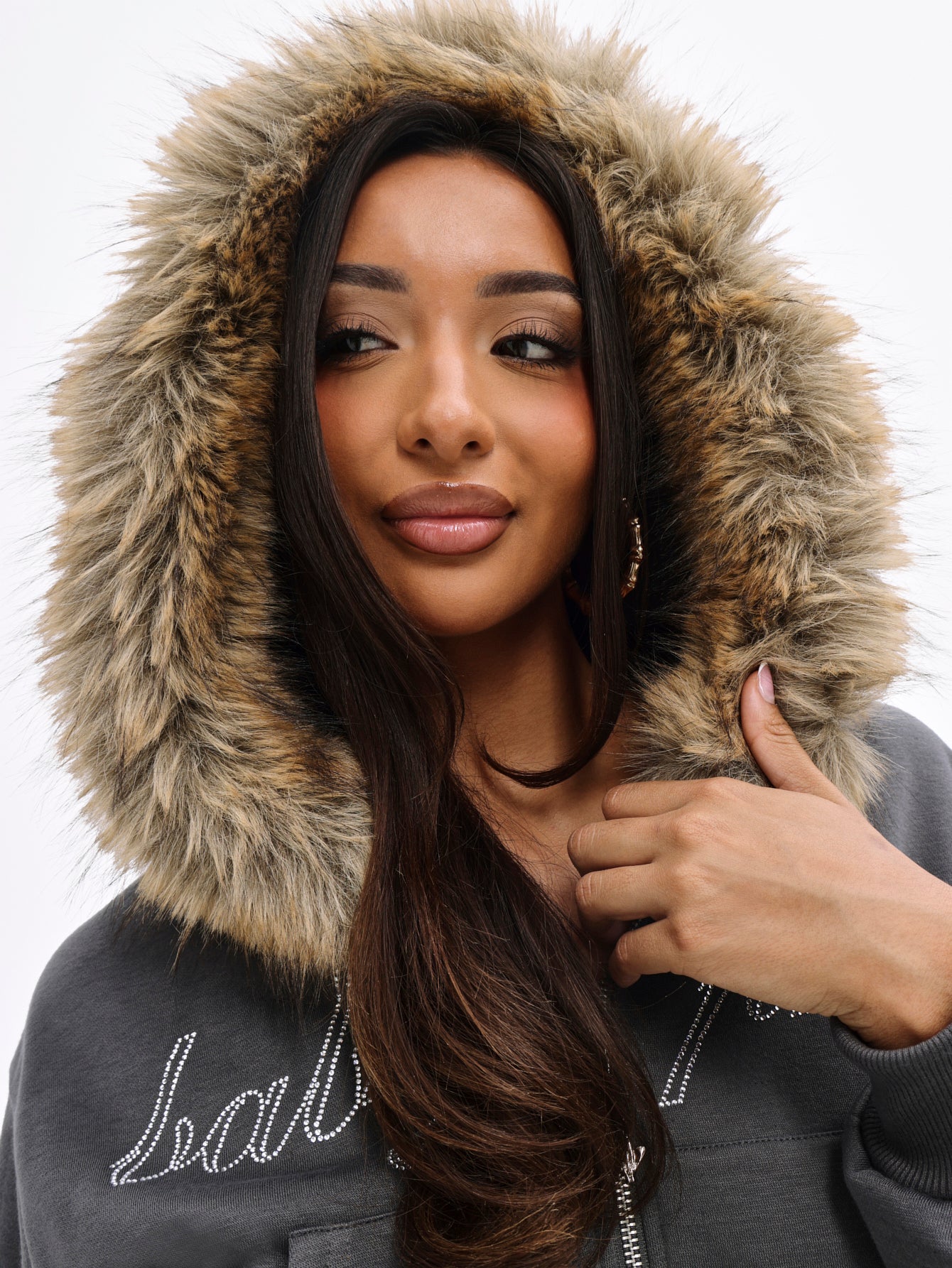 Fur Trim Zip-Up Hoodie in Charcoal | Baby Phat | Baby Phat
