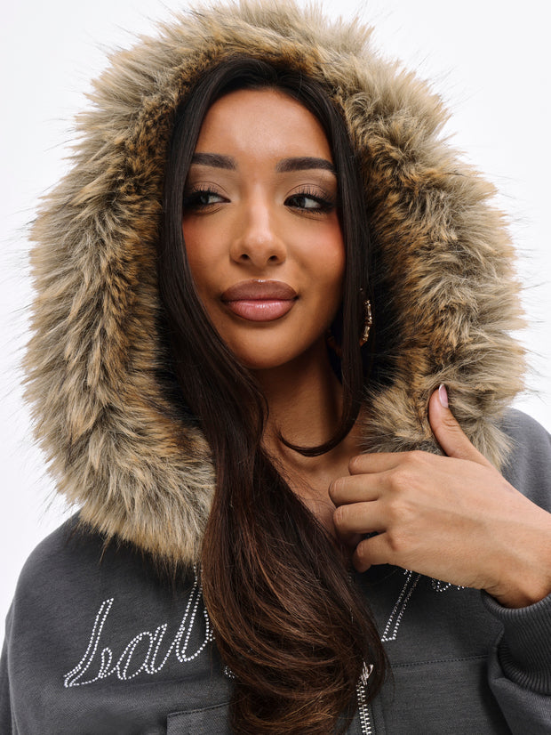 Fur Trim Zip Up Hoodie