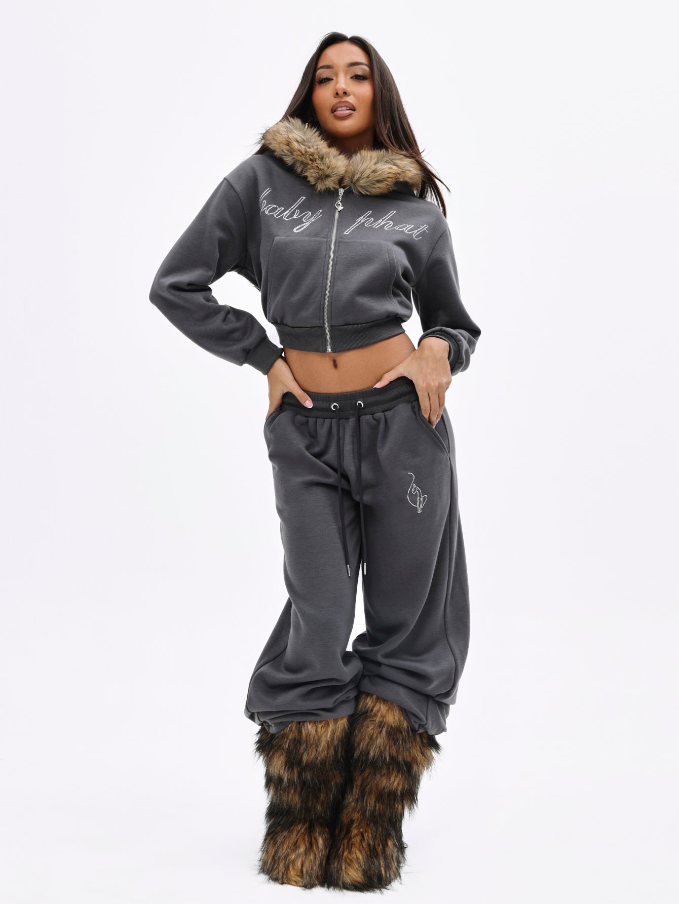 Fur Trim Zip-Up Hoodie in Charcoal | Baby Phat | Baby Phat
