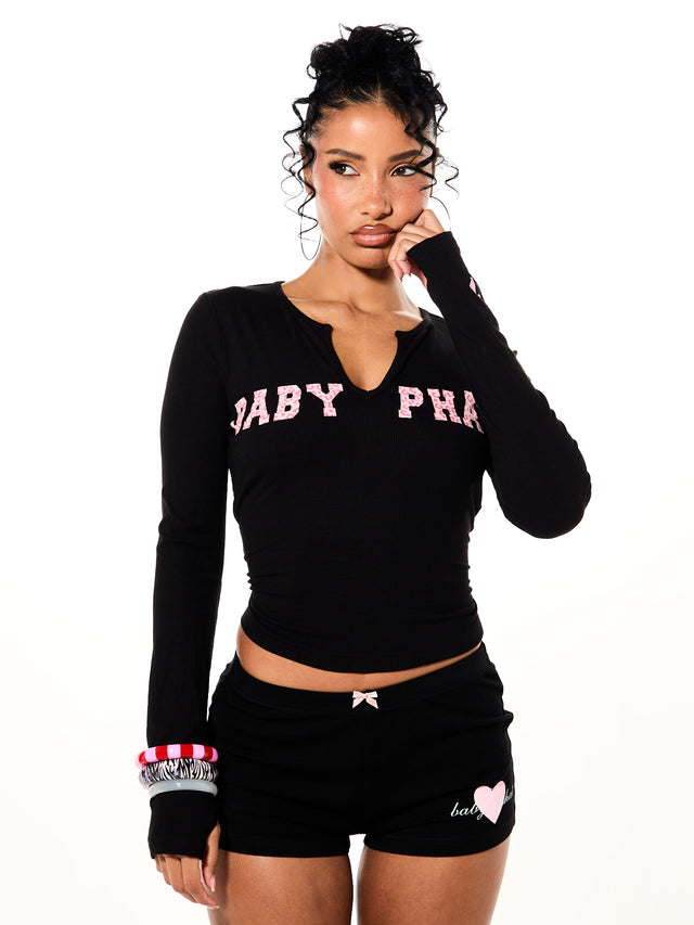 Notch Neck Long Sleeve with Leopard Letter Logo