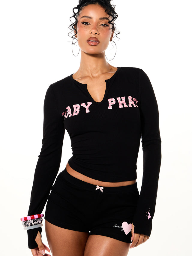Notch Neck Long Sleeve with Leopard Letter Logo