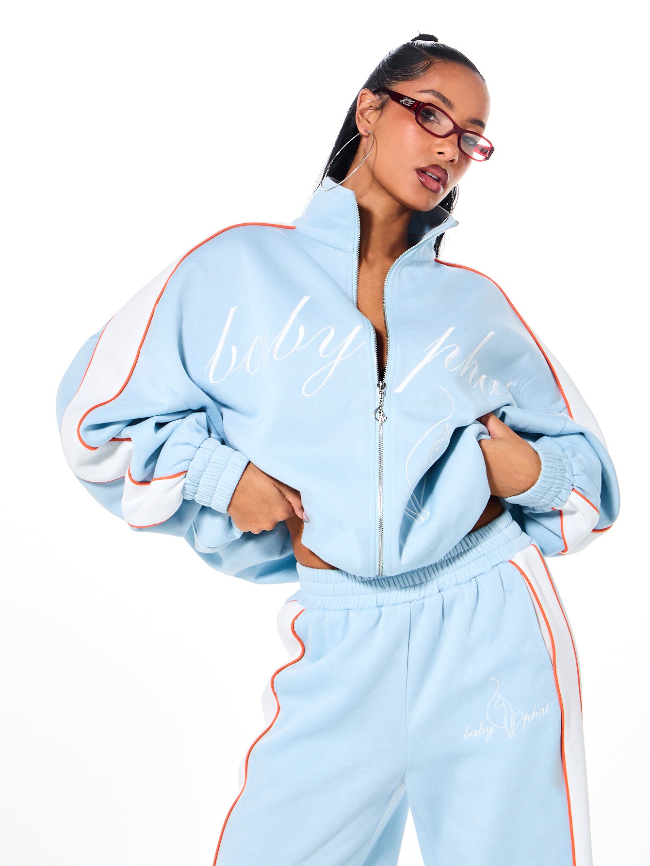 Oversized Funnel Neck Velour Zip Up, powder blue with contrast sleeve stripe, front view