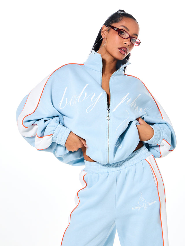 Oversized Funnel Neck Velour Zip Up, powder blue with contrast sleeve stripe, front view