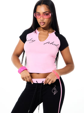 Notch Neck Raglan Tee with Contrast Sleeve