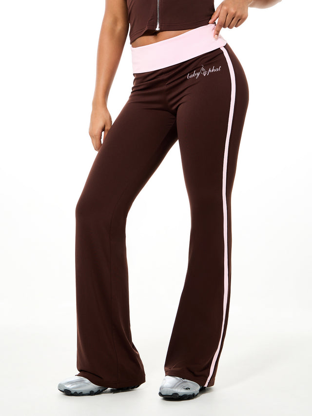 Logo Foldover Flare Legging, brown flare legging with contrast waistband, front view