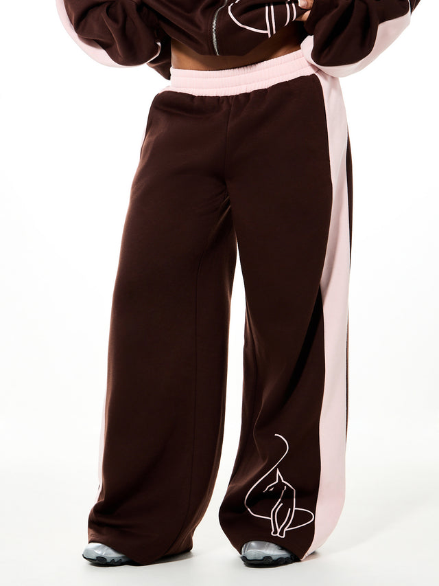 Color Block Wide Leg Sweatpant, brown and blush side panel design, front view
