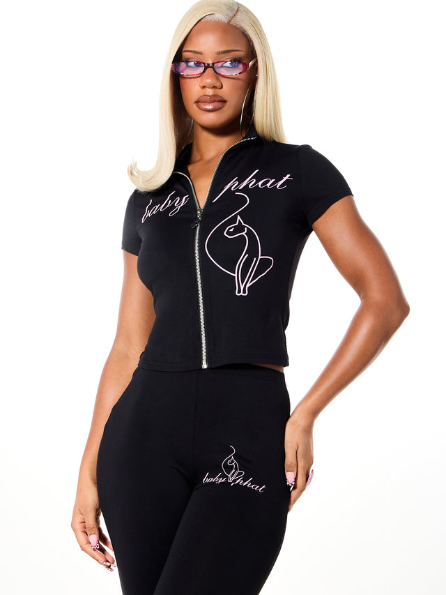 Short Sleeve Logo High Neck Zip Up, black with script logo and cat graphic, front view