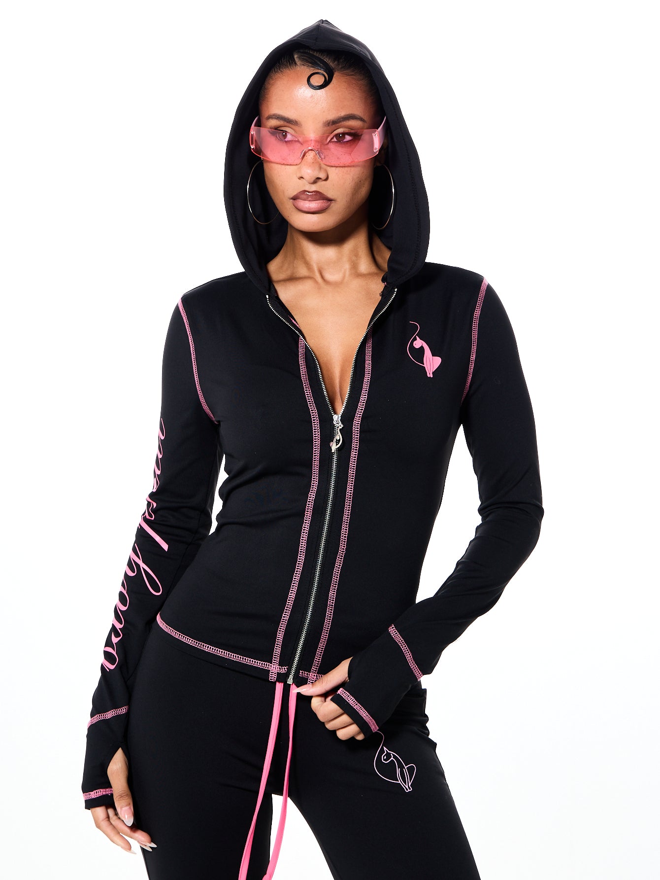 Hooded Jersey Zip Up with Contrast Detail, black fitted zip hoodie with pink piping, front view