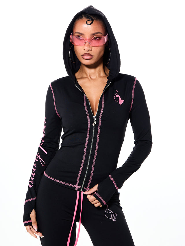 Hooded Jersey Zip Up with Contrast Detail, black fitted zip hoodie with pink piping, front view