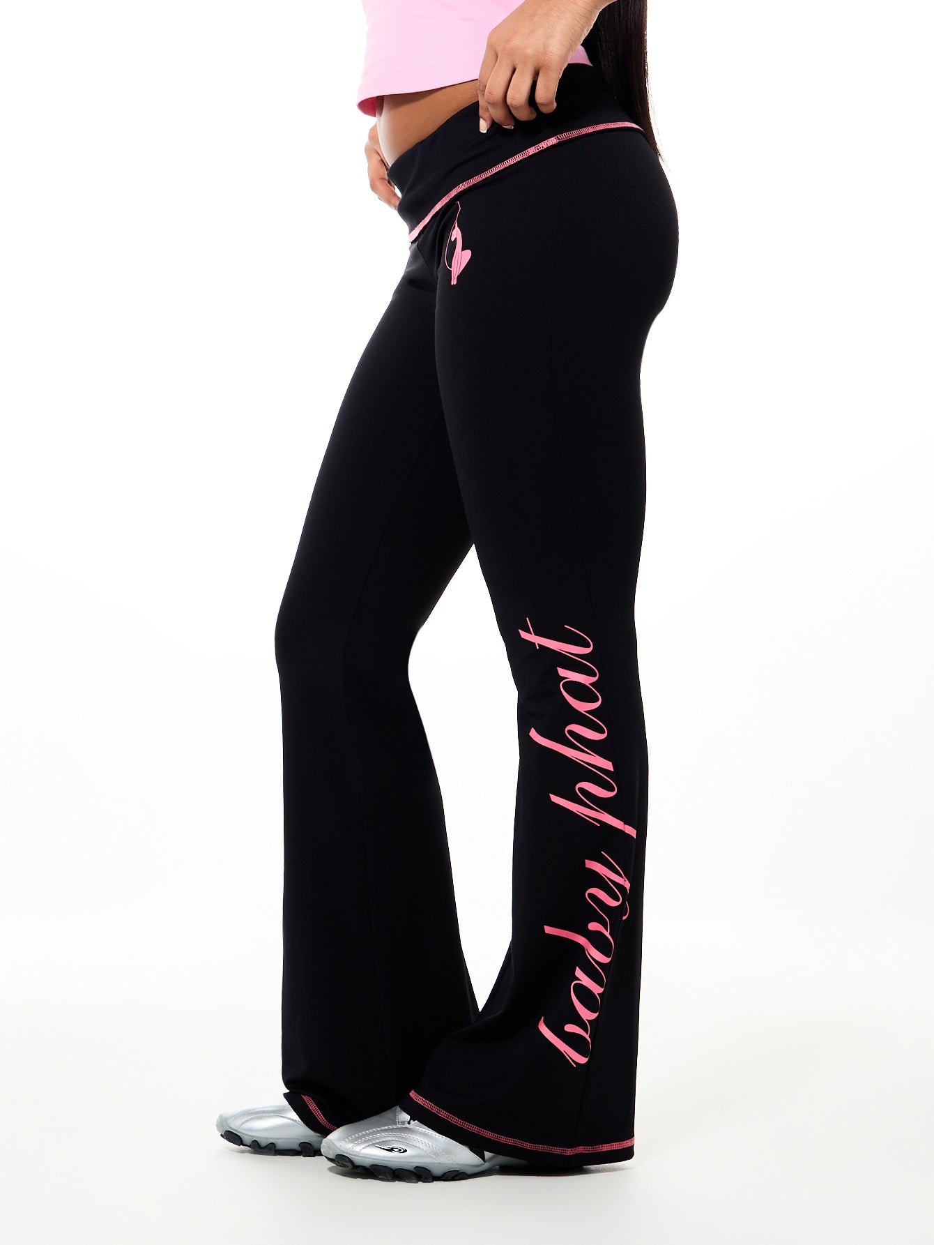 Contrast Logo Foldover Flare Legging, black with pink trim, side view