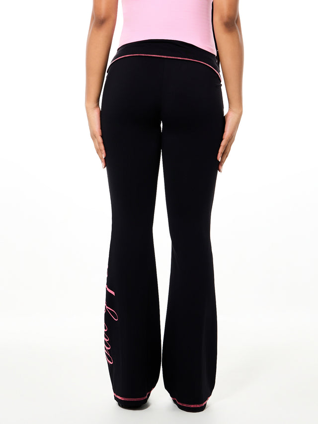 Contrast Logo Foldover Flare Legging, black with pink trim, back view