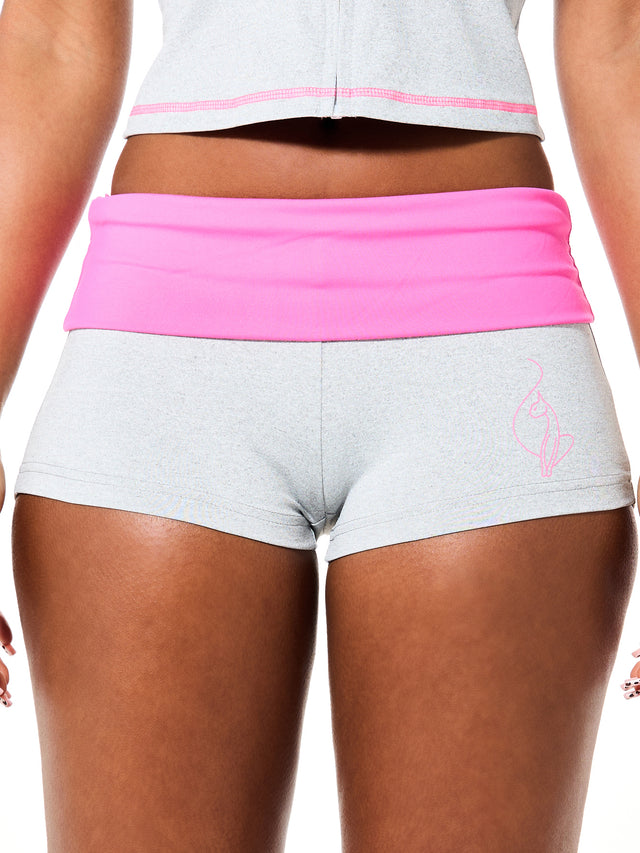 Foldover Micro Short with Contrast Waistband, gray micro short with pink foldover waist, close-up detail