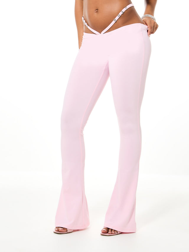 Logo Cutout Flared Legging, pastel pink flare legging with low V-waist, front view