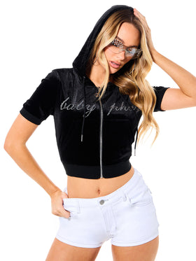 Short Sleeve Velour Zip Up Hoodie