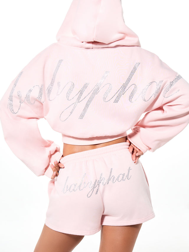 Cropped Zip Up Sweatshirt with Oversized Rhinestone Logo