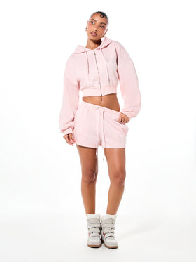 Cropped Zip Up Sweatshirt with Oversized Rhinestone Logo