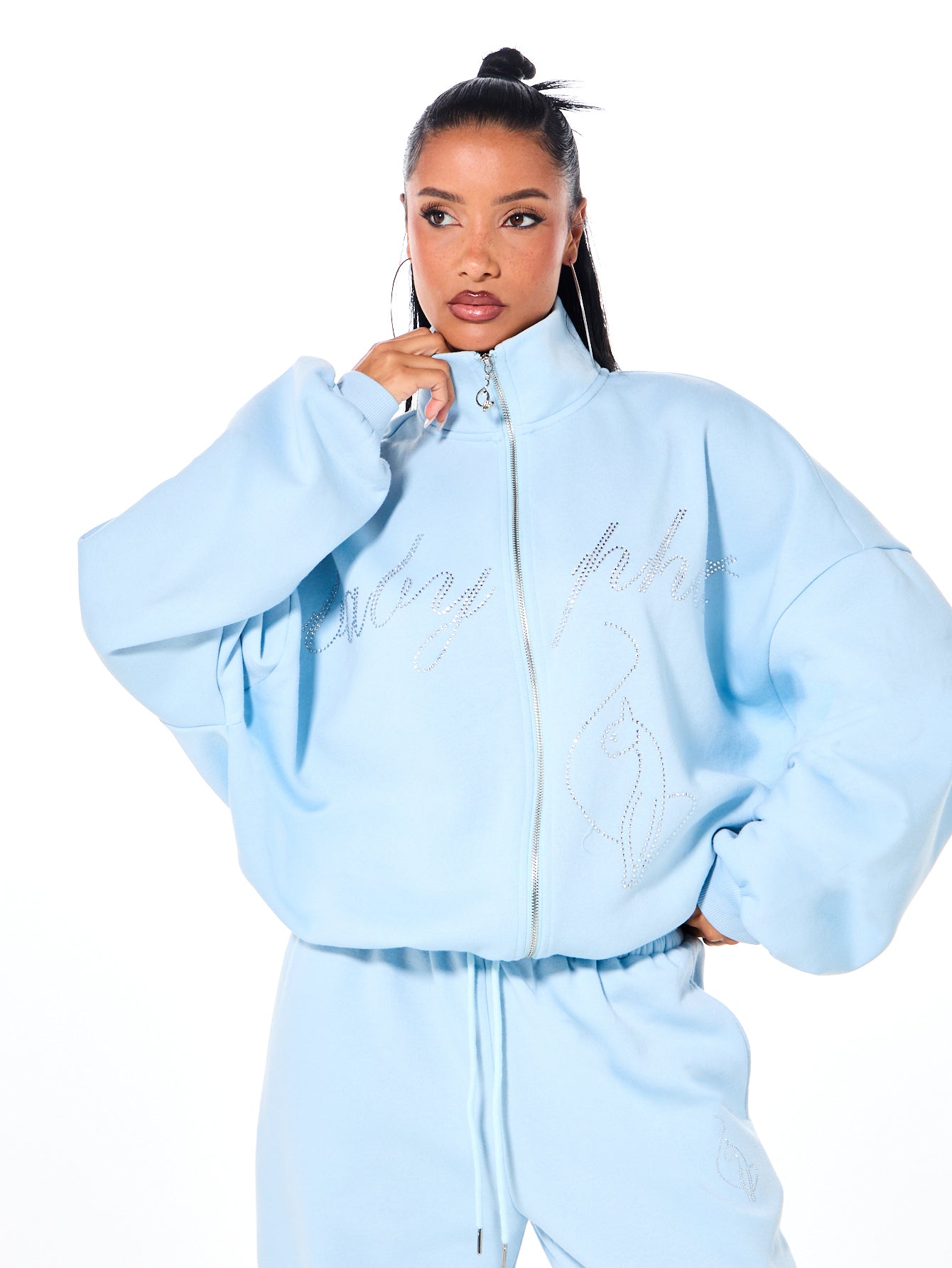 Oversized Funnel Neck Sweatshirt with Rhinestones