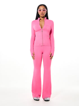 Long Sleeve High Neck Zip Up Top with Rhinestones