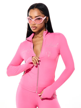 Long Sleeve High Neck Zip Up Top with Rhinestones