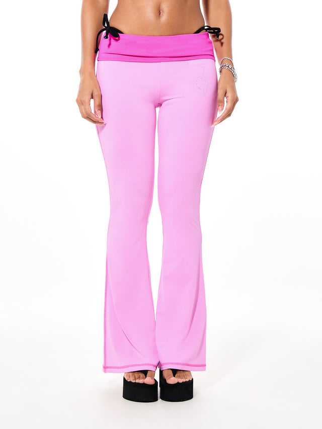 Foldover Flare Leggings with Contrast Waistband with Rhinestones