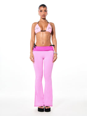 Foldover Flare Leggings with Contrast Waistband with Rhinestones