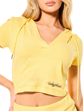 Short Sleeve Ribbed V Neck Hooded Top