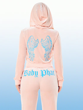 Velour Zip Up Sweatshirt with Back Wings and Gothic Logo