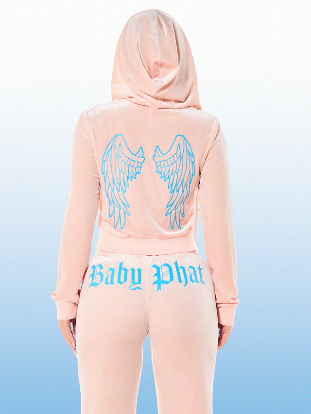 Velour Zip Up Sweatshirt with Back Wings and Gothic Logo