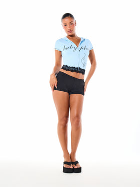 Short Sleeve Hooded Zip Up Top with Lace Trim