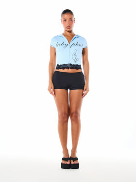 Short Sleeve Hooded Zip Up Top with Lace Trim