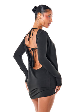 Long Sleeve Plunge Cowl Mini Dress with Logo Charm