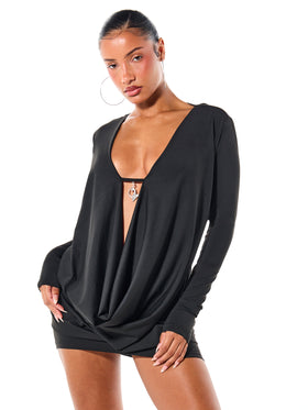 Long Sleeve Plunge Cowl Mini Dress with Logo Charm
