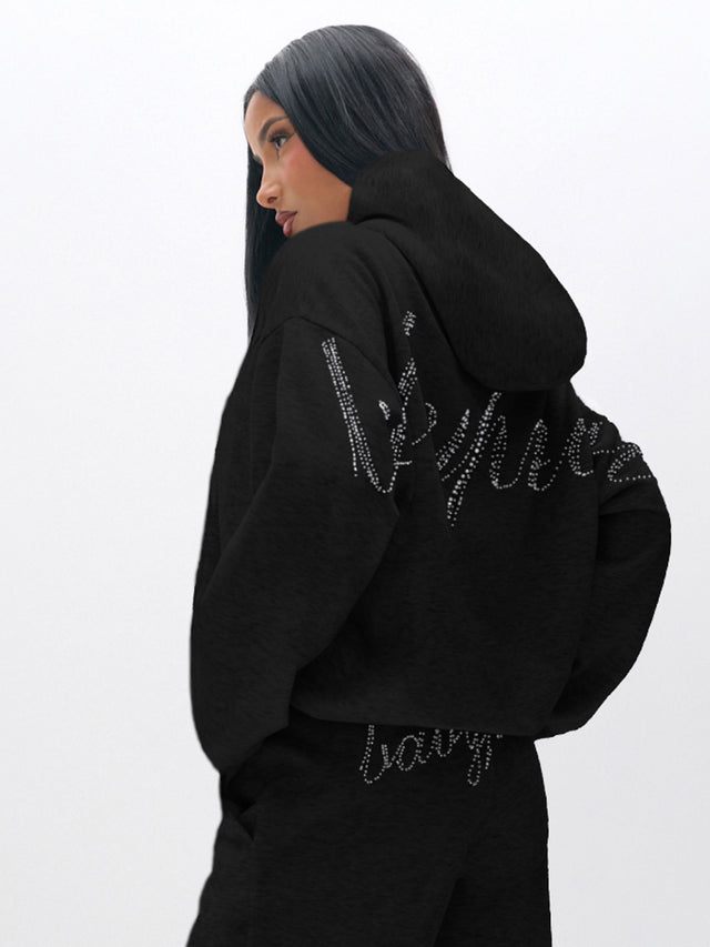 Oversized Hoodie With Rhinestones, black hoodie with rhinestone back script, back view