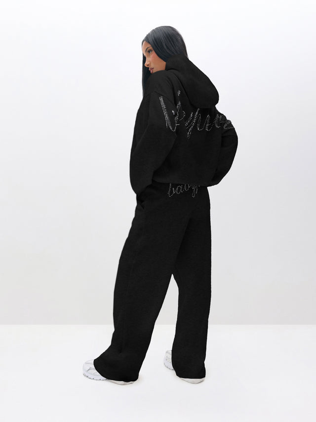 Oversized Hoodie With Rhinestones, black matching set with rhinestone script, back full-body view