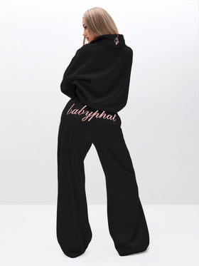 Baggy Sweatpants With Applique, black fleece with pink back logo script, back view